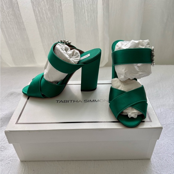 Tabitha Simmons Reyner Emerald Satin Block Heels - Picture 11 of 14